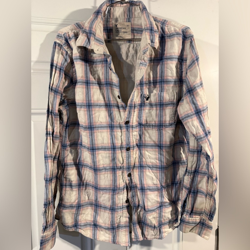 American Eagle Outfitters Blue and White Plaid Shirt Jacket
